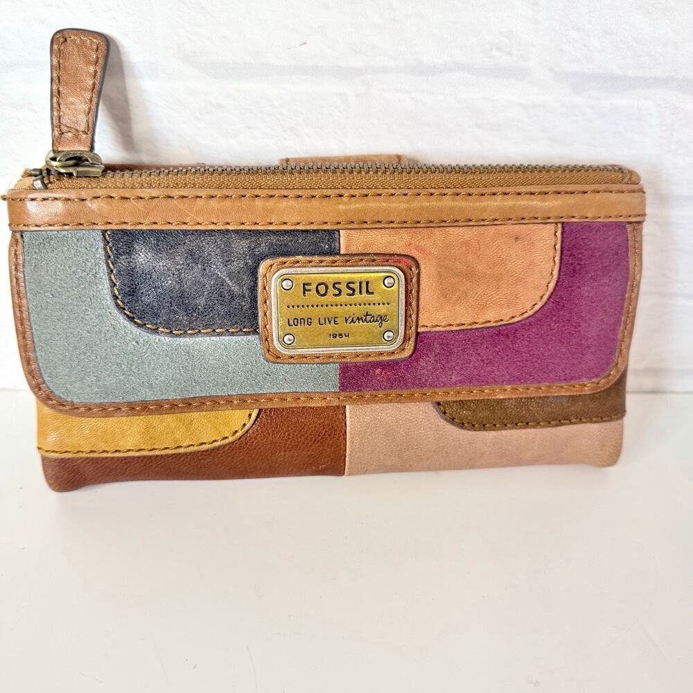Vintage Leather Fossil Wallet Patchwork Boho Clutch